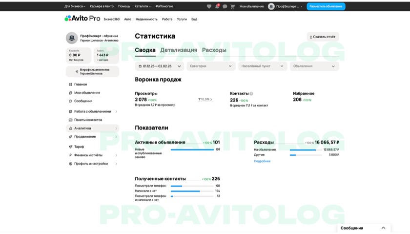 Скриншот показателей аккаунта ПрофЭксперт за выбранный период